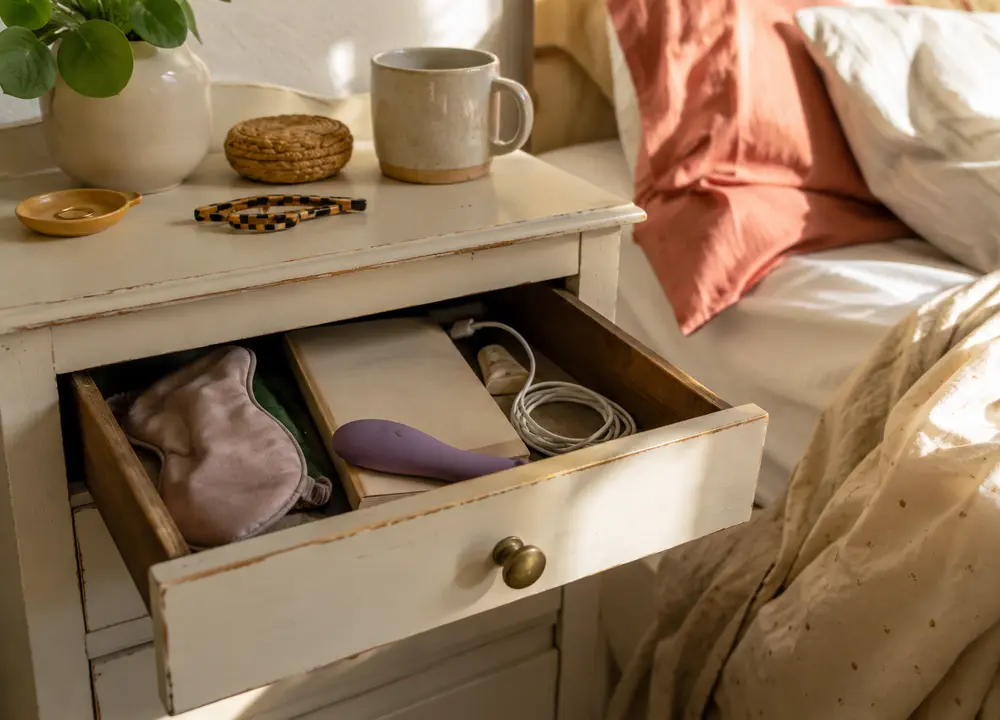 A sunny bedside drawer with books, a sleep mask, a charger and a personal massager.